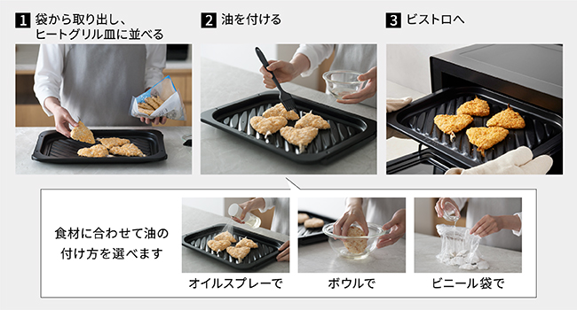 簡単調理ステップ ヒートグリル皿に並べる 油を付ける ビストロへ